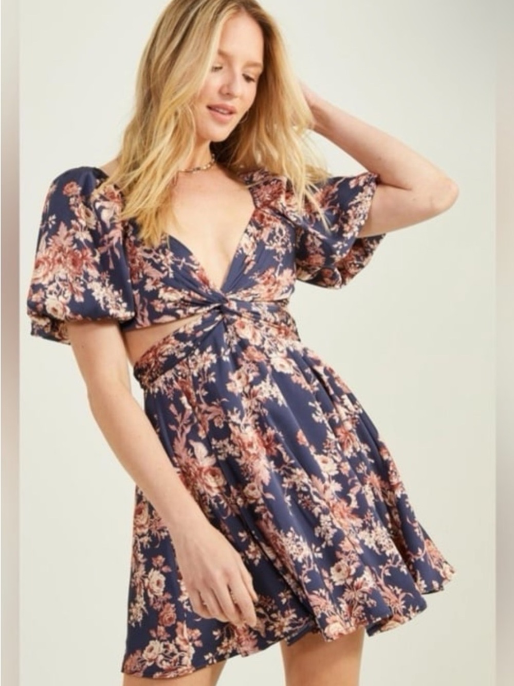 Altar’d State Floral Twist Tie Front Navy Pink Mini Dress XS NWT!